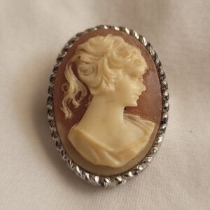 Vintage Silver Toned Cameo Ponytail Bust Brooch Pin